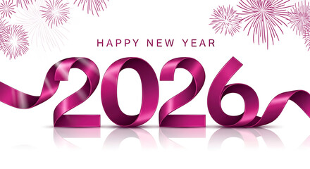 Happy new year 2026 greeting design with pink ribbon and fireworks illustration