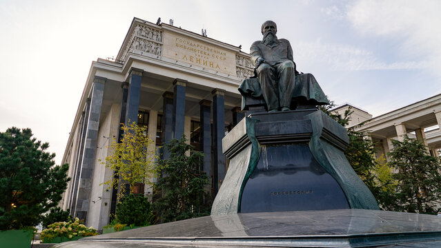 Moscow October 03 2025, Fyodor Mikhailovich Dostoevsky monument in Moscow near the Library named after Lenin Street. High quality photo