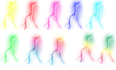 Collection of colorful lightning bolts bright electric discharge illustration isolated on white background
