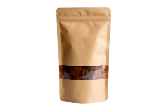  Brown kraft paper pouch with clear window isolated on transparent background