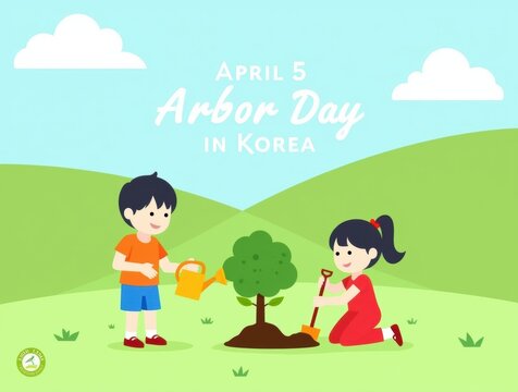 Children planting a tree together on arbor day in korea