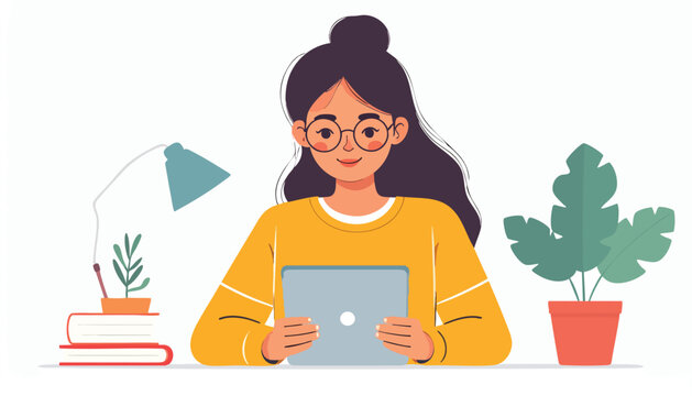 A young woman with glasses smiles while holding a tablet computer, working at a desk.