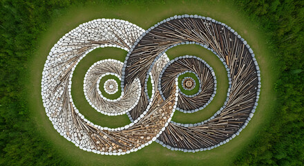 Aerial view of a yin yang spiral pattern made of rocks and sticks in a green grassy field outdoors