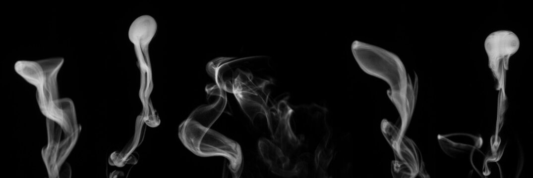 A set of six different steam, smoke, gas isolated on a black background. Swirling, writhing smoke to overlay on your photos. Smoky banner. Halloween design. - Powered by Adobe