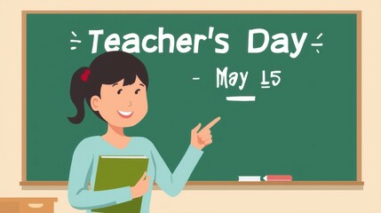 Happy teacher s day with a smiling teacher holding books in front of a blackboard