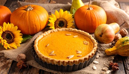 Festive Thanksgiving Pumpkin Pie with Pumpkins and Sunflowers.