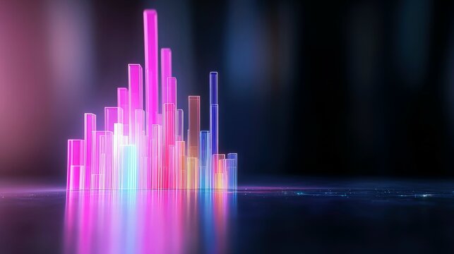 A cluster of translucent, glowing bars of various heights and colors, resembling a futuristic cityscape, are illuminated with neon light.