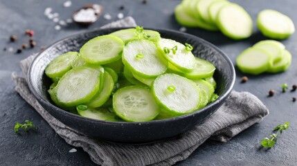 Thinly sliced fresh green vegetables are presented in a dark rustic bowl atop a textured surface