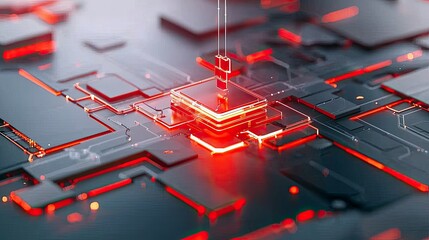 Close-up view of a complex, abstract circuit board with illuminated red lines and components, suggesting advanced technology and digital processes.