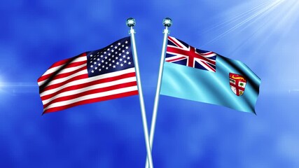 USA and Fiji Flag Waving On Pole Loop