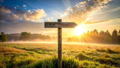Directional Signpost in a Misty Field at Sunrise.