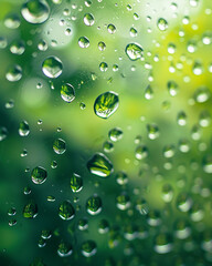 Close up of fresh water droplets on a window pane with blurred green foliage background