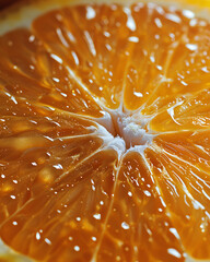 Extreme close up macro shot of a juicy orange slice covered in refreshing water droplets