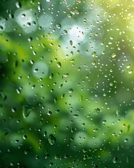 Close up of raindrops on a window with blurred green foliage and sunlight in the background