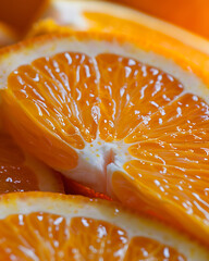 Close up macro shot of juicy orange slices with vibrant color and texture