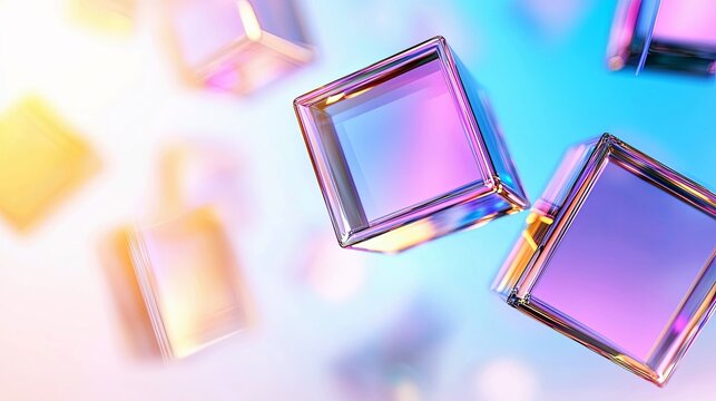 Several transparent, geometric cubes with iridescent light reflections are suspended in a soft, blurred background with a gradient of blue and yellow. - Powered by Adobe
