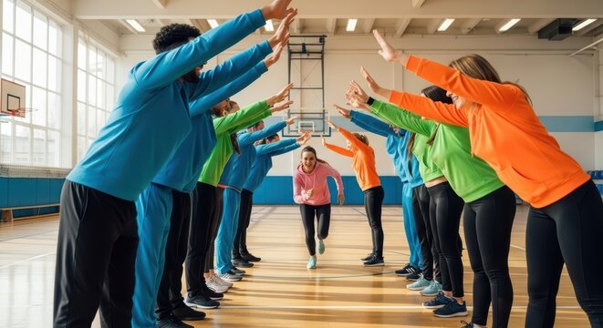 Young hispanic teen girl running through friends tunnel in gym