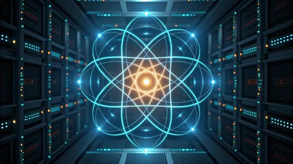 Glowing atomic nucleus with orbiting electron paths in futuristic server room data technology glowing energy quantum network neon core data center orbiting electron technology nucleus energy - Powered by Adobe