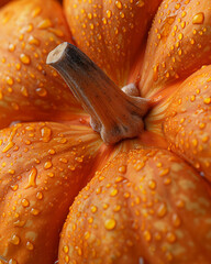 Close up of a bright orange pumpkin covered in water droplets after a rain shower