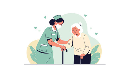 Compassionate Nurse Assisting Elderly Woman with Walking during Healthcare Visit