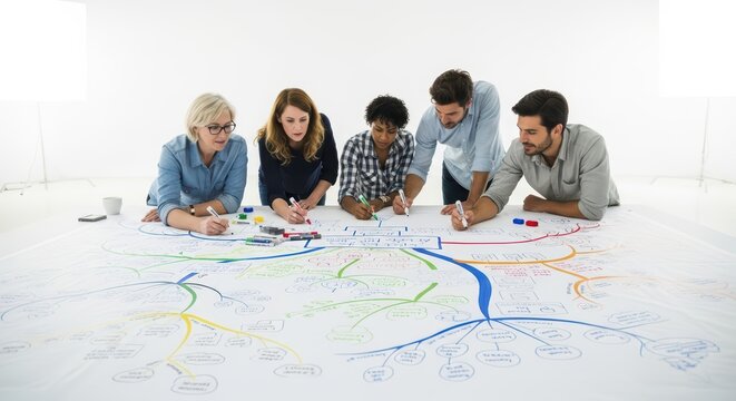 Diverse team collaborating on mind map for innovative solutions