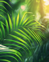 Lush green palm leaves bathed in warm golden sunlight creating a tropical paradise atmosphere