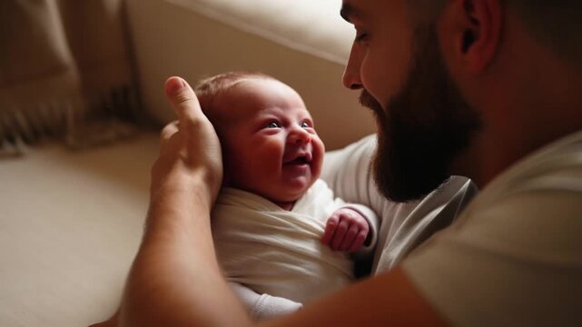 A father tenderly holding and gazing at his newborn baby, creating a heartwarming scene of parental love Stock Video