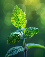 Vibrant green mint leaves unfurling with soft bokeh background and gentle sunlight