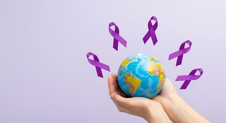 Hands holding a small globe with purple ribbons floating around it, symbolizing global awareness and support for various causes