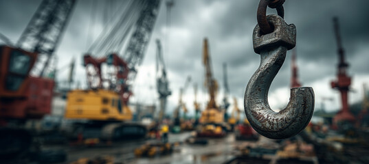 A heavy crane hook hangs in focus while various cranes and construction activities take place in the blurred background. The overcast sky adds a dramatic mood to the urban scene 