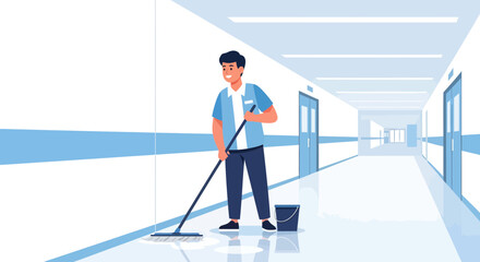 Hospital Corridor: A Cheerful Janitor Swiftly Cleans, Maintaining Pristine Cleanliness Efficiently