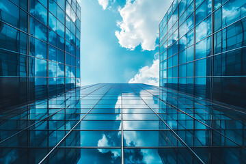 Modern skyscraper architecture reflecting blue sky and clouds with abstract geometric patterns