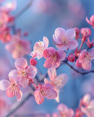 Soft focus pink cherry blossoms blooming on a branch with a dreamy blue background