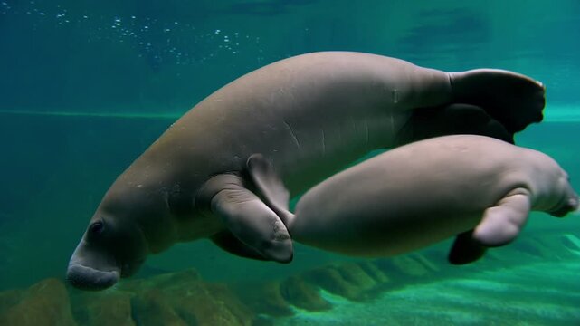Gentle manatees gracefully swimming in the clear blue water. A large manatee swimming near to small manatee in the water. Stock Video