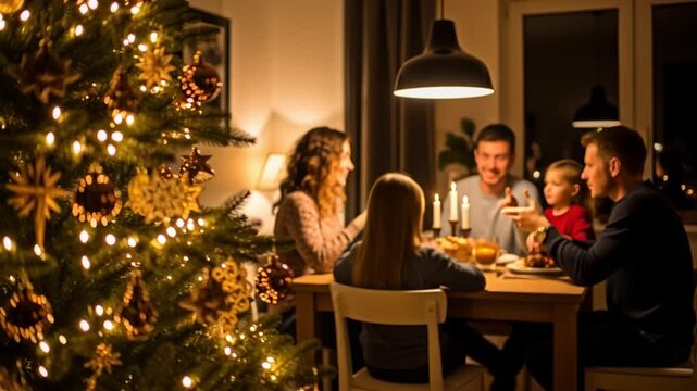 A happy family enjoys a festive Christmas dinner illuminated by the warm glow of a decorated tree and ambient lighting