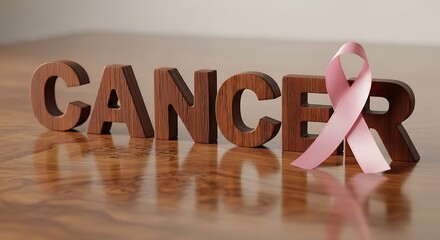 The word cancer spelled out in wooden letters with a pink ribbon on the letter r