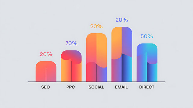 Boost Your Business Growth with Data Driven Marketing Strategy Analysis Showing SEO, PPC, Social Media, Email, and Direct Channels Performance and Return on Investment Percentages