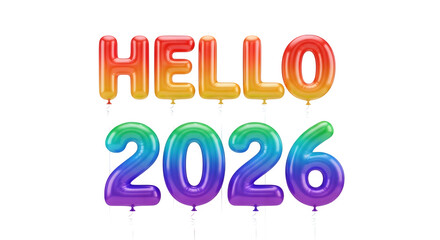 Hello 2026 rainbow foil balloons with strings isolated festive