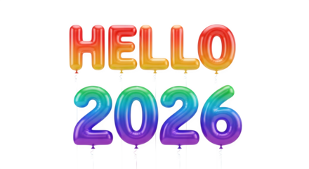 Hello 2026 rainbow foil balloons with strings isolated festive