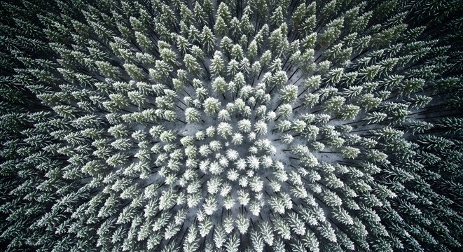 Aerial view of a dense forest covered in snow during the winter season creating a beautiful pattern