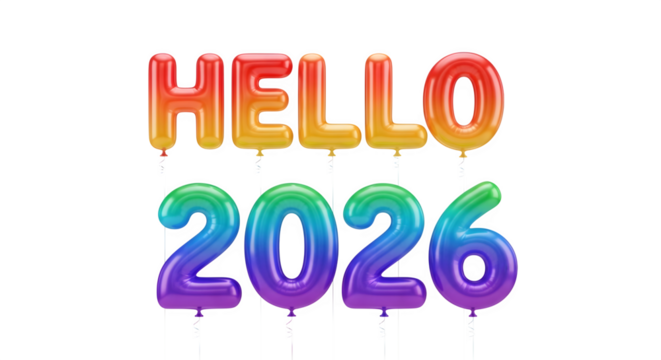 Hello 2026 rainbow foil balloons with strings isolated festive