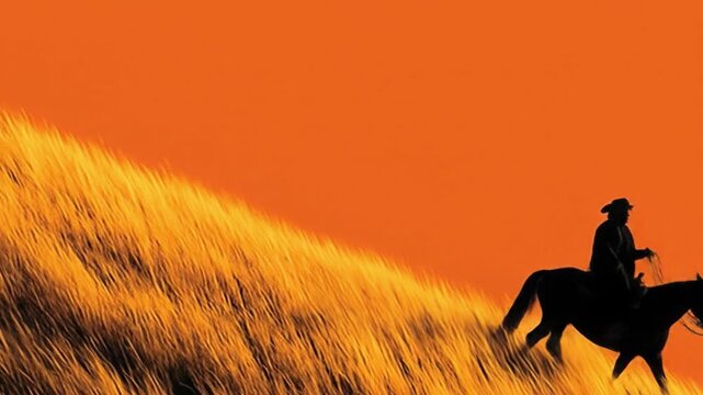 Silhouette of a horse and rider against a dramatic orange sky