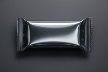A shiny silver colored snack packaging mockup suspended in a clean white studio setting
