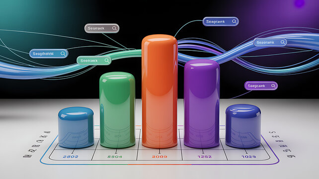 Vibrant 3D bar graph showcasing search ranking analysis with sleek, modern design, providing visual insights for marketing strategies, perfect for business presentations and reports