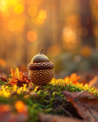 Tiny acorn sits on mossy ground surrounded by vibrant autumn leaves and soft golden light
