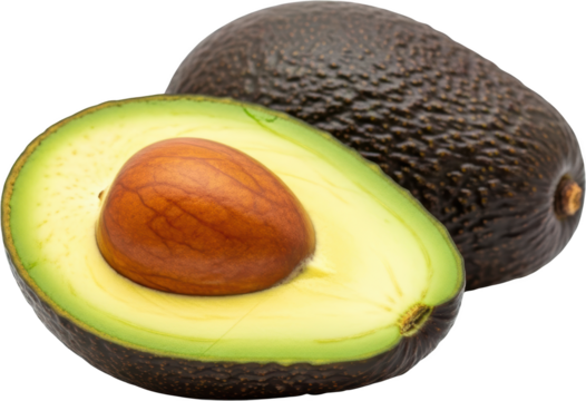 Ripe avocado one whole and one half revealing a large central seed and vibrant green flesh against a dark textured skin fruit healthy food cut tropical nature organic fresh ingredient