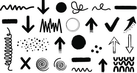 Fototapeta premium Collection of hand drawn doodle arrows circles checkmarks and abstract shapes on black background