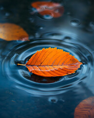 Single bright orange autumn leaf floating on rippling water surface in a pond