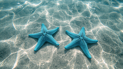 Two Blue Starfish Under Clear Shallow Water with Sunlight Reflections