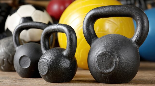 Assortment of black iron weight implements displayed with various brightly colored exercise balls